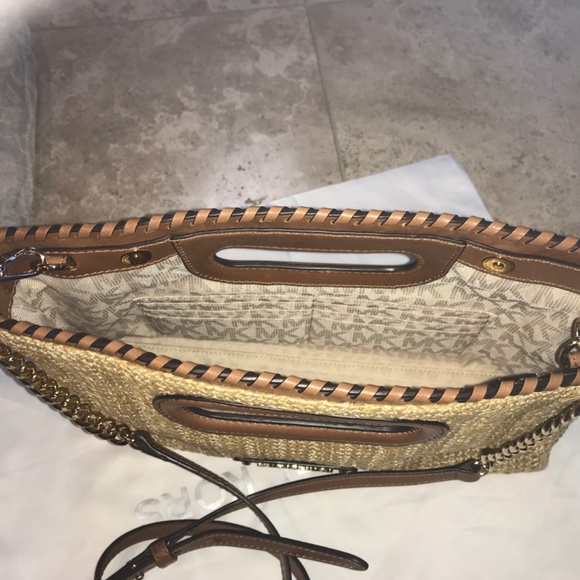 Michael Kors Straw Crossbody Bag with Brown Trim and Gold Chain - Picture 5 of 5